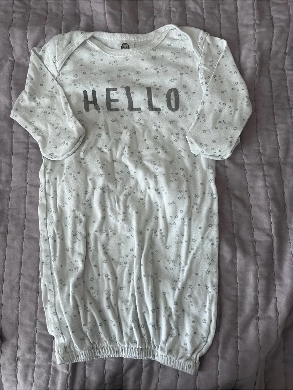 Gerber White Baby Gown with Gray Stars and HELLO Script